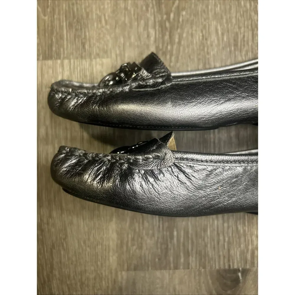 Michael Kors Silver Leather Loafer Flats Logo Accent Square Toe for Women Sz 7.5